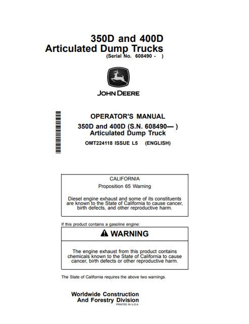 John Deere 350D & 400D Articulated Dump Truck Operator Manual