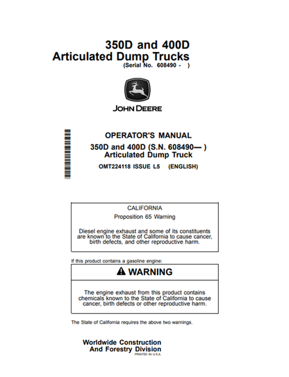 John Deere 350D & 400D Articulated Dump Truck Operator Manual