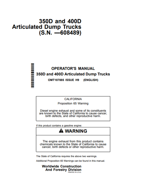 John Deere 350D 400D Articulated Dump Truck Operator Manual