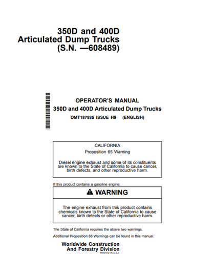 John Deere 350D 400D Articulated Dump Truck Operator Manual