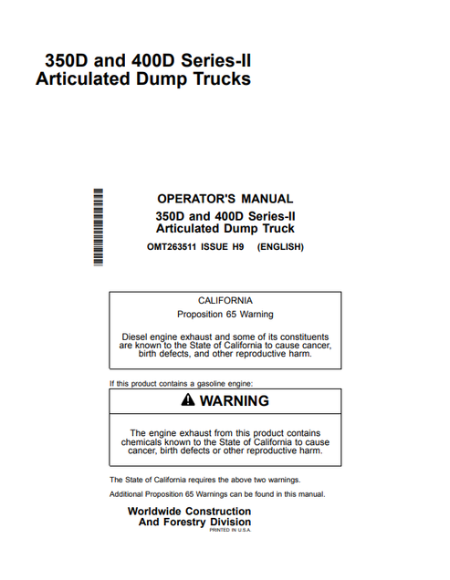 John Deere 350D 400D Series II Articulated Dump Truck Manual