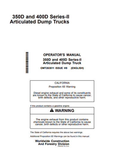 John Deere 350D 400D Series II Articulated Dump Truck Manual
