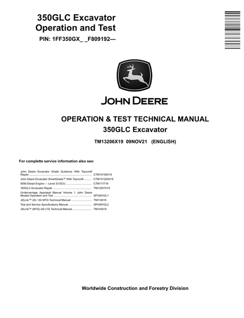 John Deere 350GLC Excavator Operation & Test Technical Manual PDF