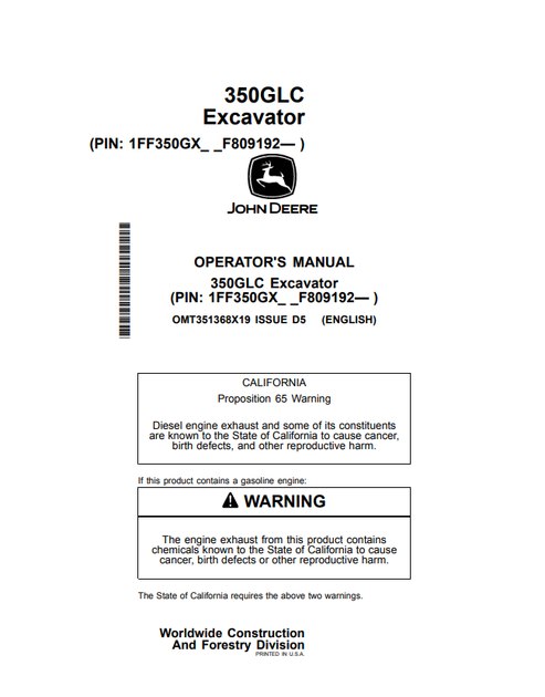 John Deere 350GLC Excavator Operator Manual OMT351368X19