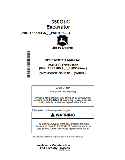 John Deere 350GLC Excavator Operator Manual OMT351368X19