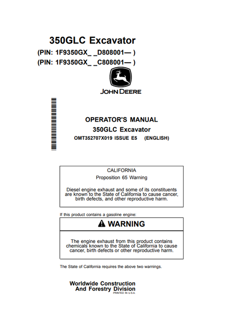 John Deere 350GLC Excavator Operator Manual OMT352707X019