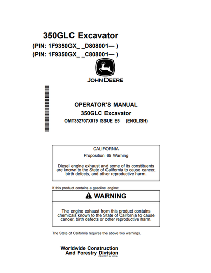 John Deere 350GLC Excavator Operator Manual OMT352707X019