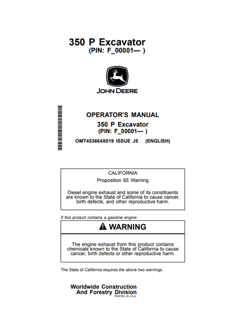 John Deere 350 P Excavator Operator & Maintenance Manual OMT453664X019