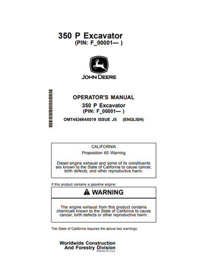 John Deere 350 P Excavator Operator & Maintenance Manual OMT453664X019