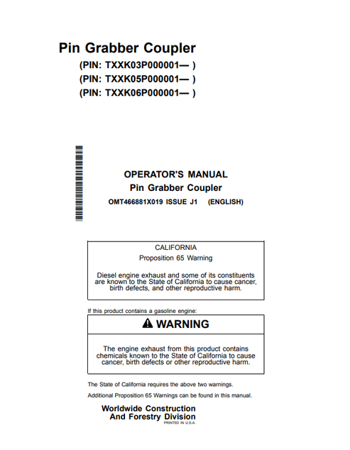 John Deere 35G 50G 60G PIN Grabber Coupler Operator Manual