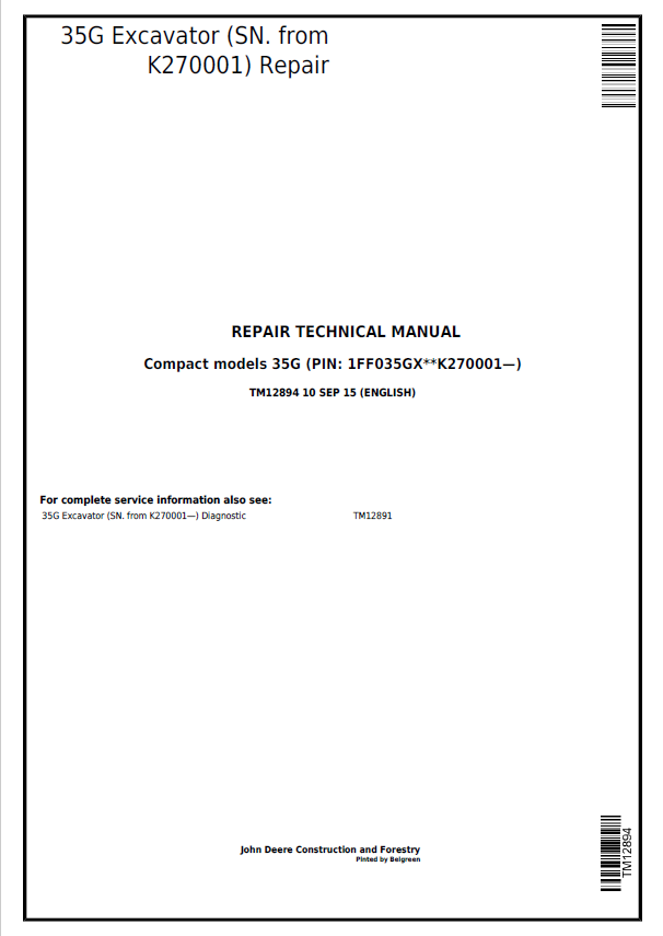 John Deere 35G Excavator Repair Technical Manual TM12894