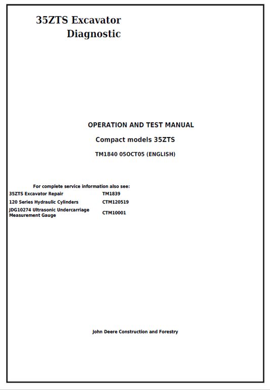 John Deere 35ZTS Excavator Diagnostic Operation and Test Manual TM1840 PDF