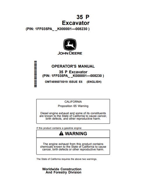John Deere 35 P Excavator Operator Manual OMT489507X019