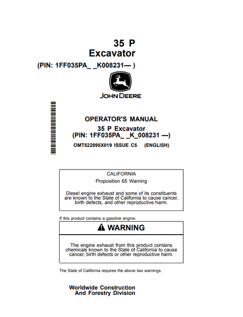 John Deere 35 P Excavator Operator Manual OMT522895X019 PDF