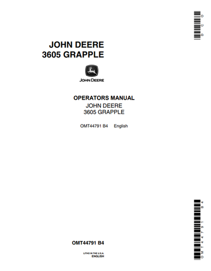 John Deere 3605 Grapple Operator Manual OMT44791 PDF
