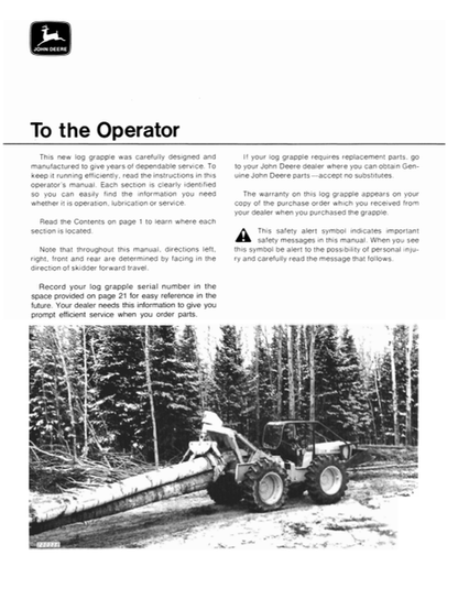 John Deere 3605 Grapple Operator Manual OMT44791 PDF