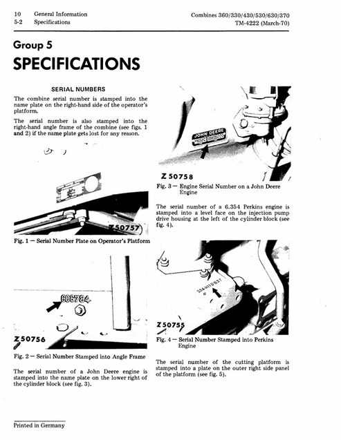 John Deere 360 330 430 530 630 730 Combine Service Manual TM4222