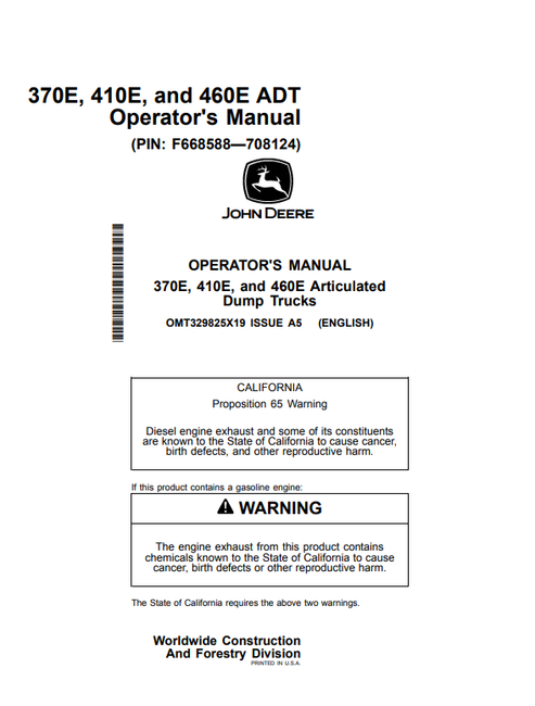 John Deere 370E 410E 460E Articulated Dump Truck Operator Manual