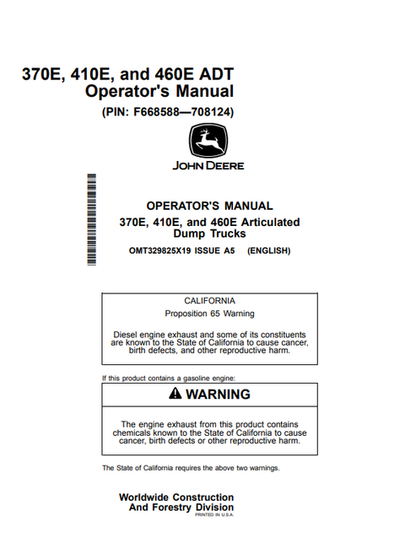 John Deere 370E 410E 460E Articulated Dump Truck Operator Manual