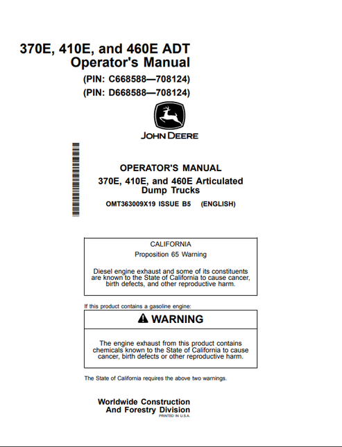 John Deere 370E 410E & 460E Articulated Dump Truck Manual