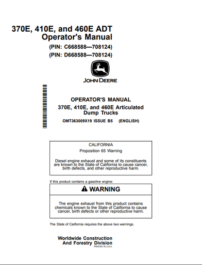John Deere 370E 410E & 460E Articulated Dump Truck Manual