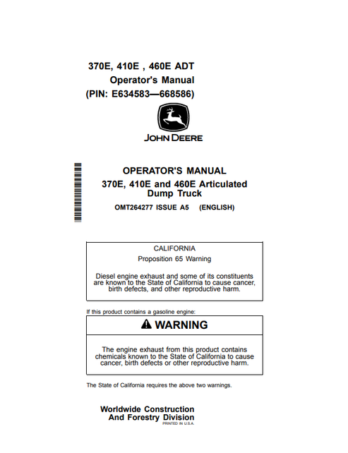 John Deere 370E 410E 460E Articulated Dump Truck Operator Manual