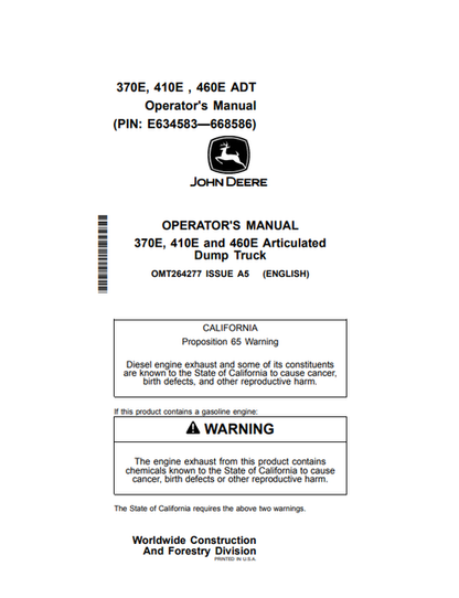 John Deere 370E 410E 460E Articulated Dump Truck Operator Manual