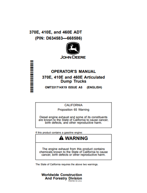John Deere 370E 410E 460E Operator Manual OMT331714X19