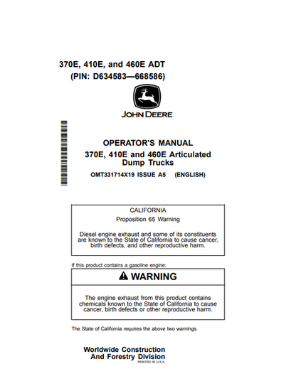 John Deere 370E 410E 460E Operator Manual OMT331714X19