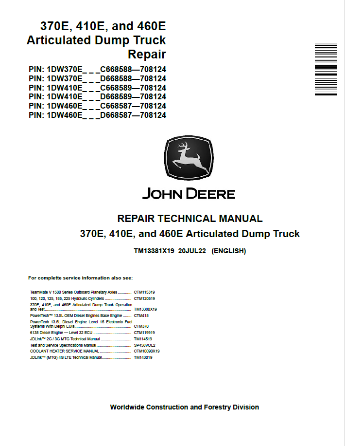 John Deere 370E, 410E, and 460E Articulated Dump Truck Repair Technical Manual TM13381X19 PDF 
