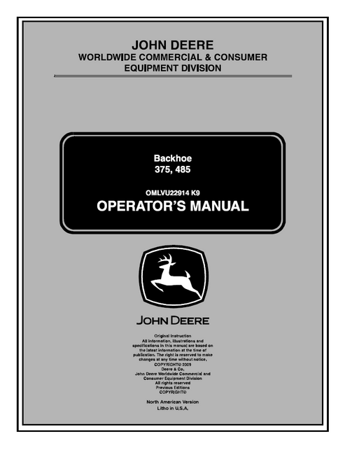 John Deere 375 485 Backhoe Operator Manual OMLVU22914