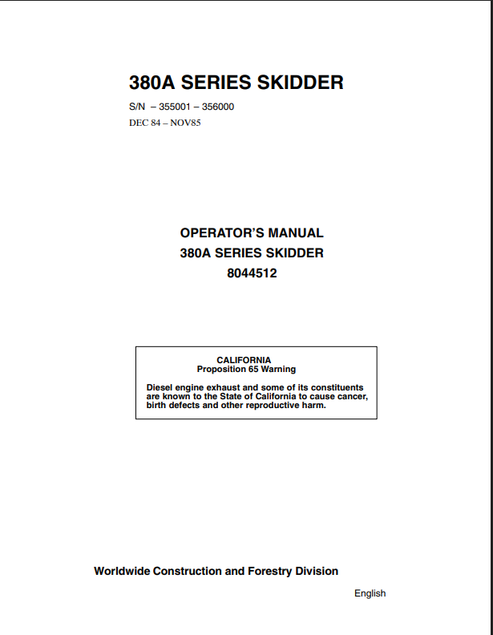 John Deere 380A Series Skidder Operator Manual 8044512