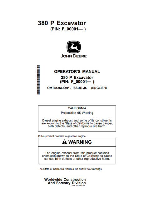John Deere 380 P Excavator Operator & Maintenance Manual OMT453665X019