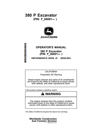 John Deere 380 P Excavator Operator & Maintenance Manual OMT453665X019