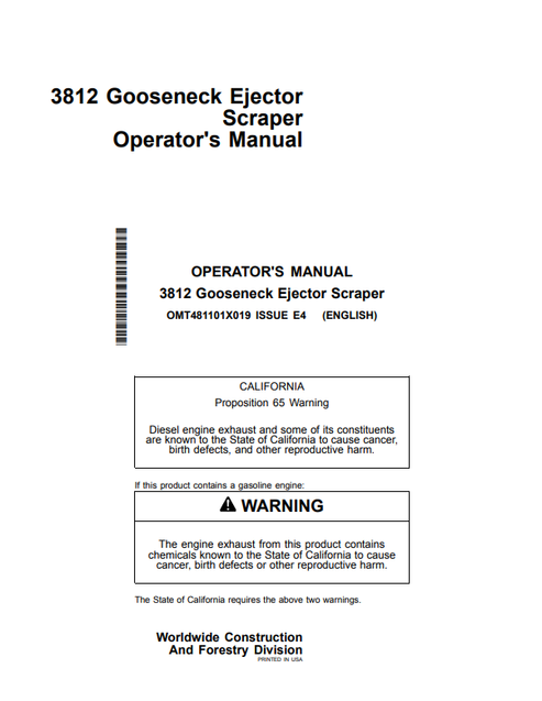 John Deere 3812 Gooseneck Ejector Scraper Operator Manual