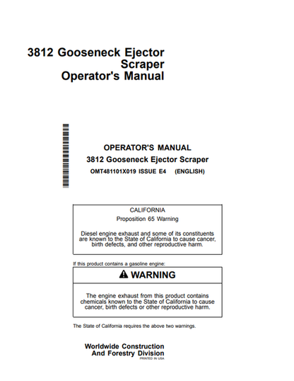 John Deere 3812 Gooseneck Ejector Scraper Operator Manual