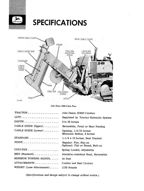 John Deere 3900 Cable Plow Operation & Maintenance Manual