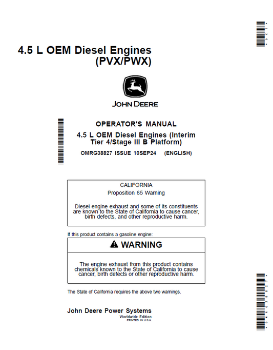 John Deere 4.5 L OEM Diesel Engines (PVX/PWX) Operator Manual OMRG38827 PDF