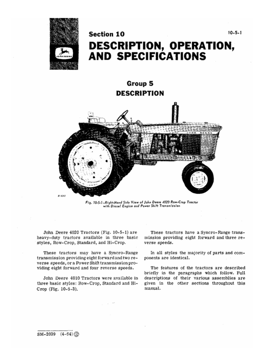 John Deere 4000 Series Agricultural Tractor Workshop Manual SM2039