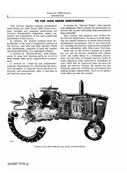 John Deere 4000 Series Tractor Repair & Service Manual SM2039