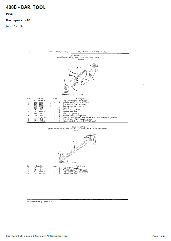 John Deere 400, 400A and 400B Series Integral Tool Bars  Parts Catalogue Manual PC493 PDF