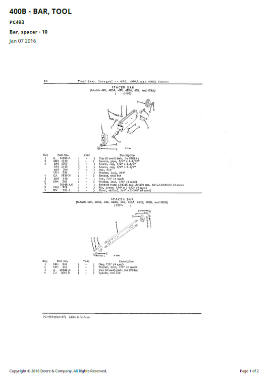 John Deere 400, 400A and 400B Series Integral Tool Bars  Parts Catalogue Manual PC493 PDF