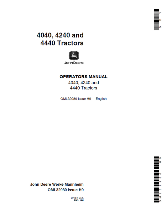 John Deere 4040, 4240 and 4440 Tractors Operator Manual OML32980 PDF 