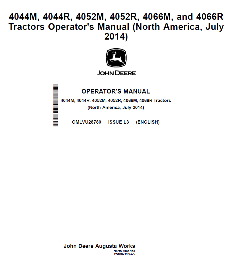 John Deere 4044M, 4044R, 4052M, 4052R, 4066M, 4066R Tractors Operator Manual OMLVU28780 PDF