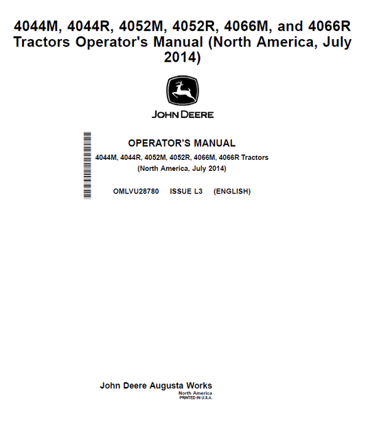 John Deere 4044M, 4044R, 4052M, 4052R, 4066M, 4066R Tractors Operator Manual OMLVU28780 PDF