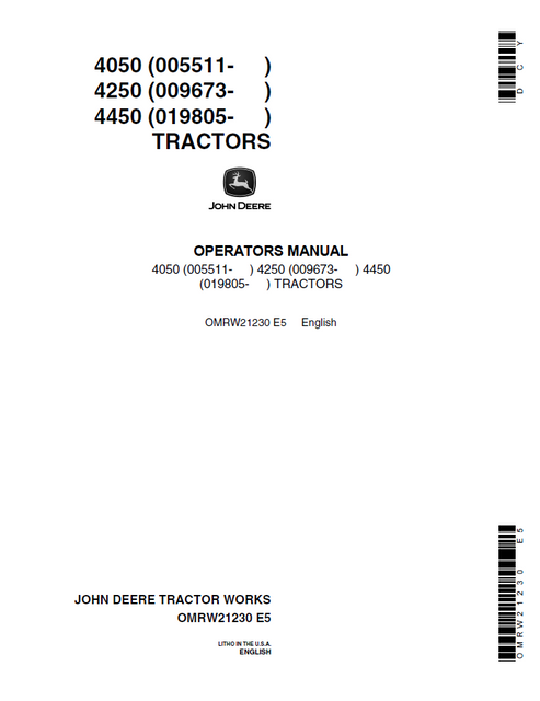 John Deere 4050 4250 4450 Tractor Operator Manual OMRU21230