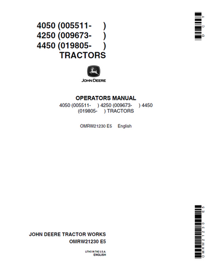 John Deere 4050 4250 4450 Tractor Operator Manual OMRU21230