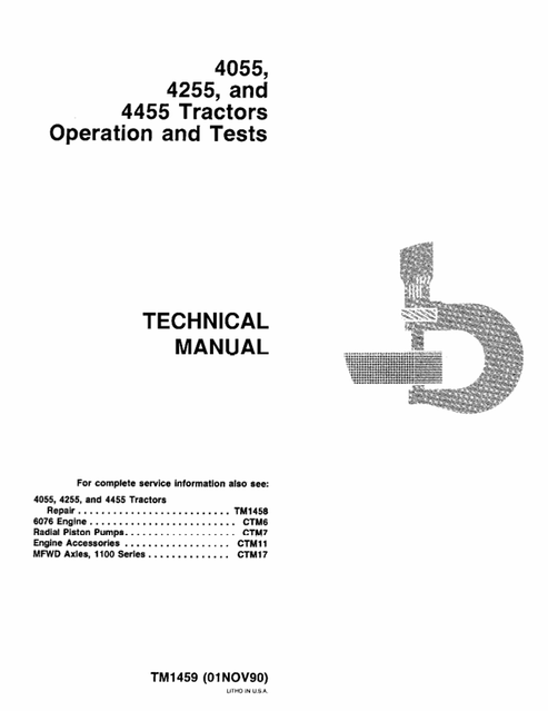 John Deere 4055 4255 4455 Tractor Operation & Test Manual TM1459