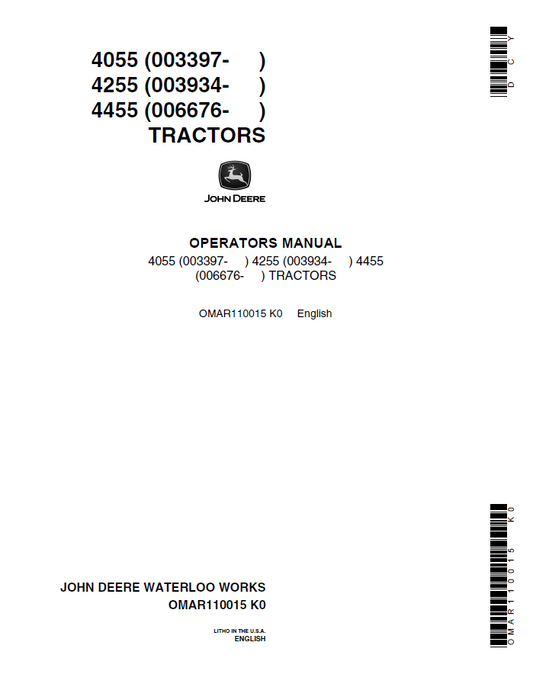 John Deere 4055, 4255, 4455 Tractors Operator Manual OMAR110015 PDF 