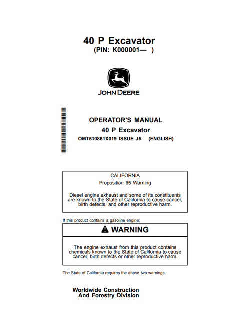 John Deere 40 P Excavator Operator & Maintenance Manual OMT510861X019